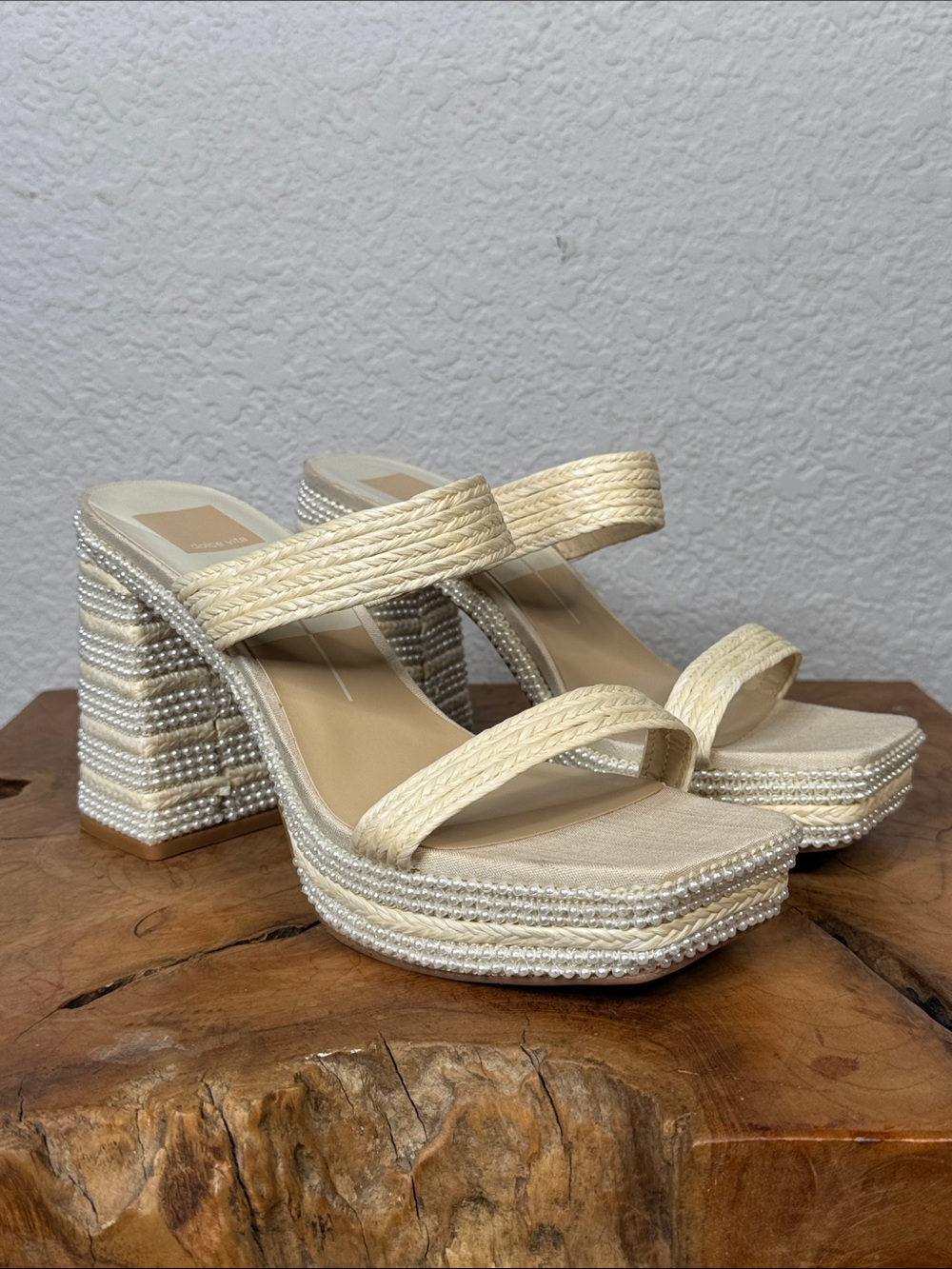DOLCE VITA ALANI FAUX PEARL RAFFIA PLATFORM BLOCK HEEL SANDALS SIZE 9 **NWT** - Picture 2 of 14